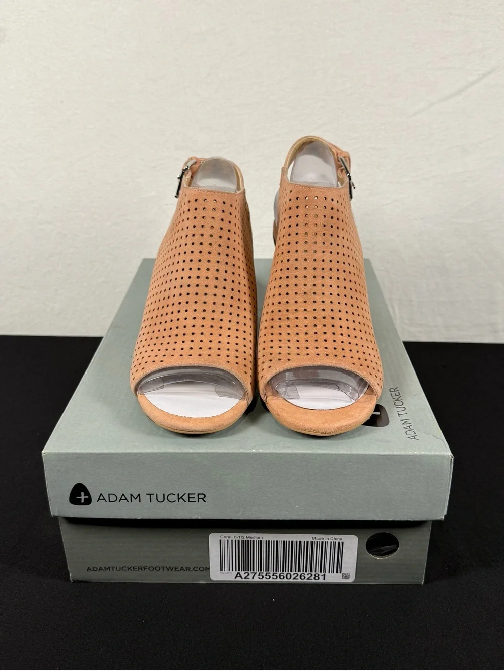 Adam Tucker Me Too Meridia Perforated Coral Suede Peep Toe Sandals NIB Size 6.5